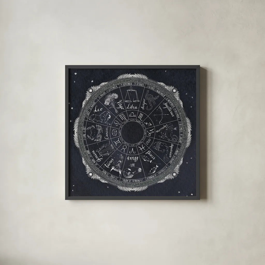 Night Sky Zodiac by Sara Zieve Miller. Shown in a sleek black glass frame for a contemporary gallery look. Available as an archival giclee rolled canvas, fine art paper, or poster print. SKU 21256a.