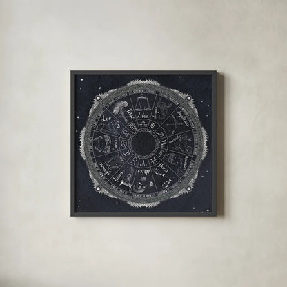 Night Sky Zodiac by Sara Zieve Miller. Shown in a sleek black glass frame for a contemporary gallery look. Available as an archival giclee rolled canvas, fine art paper, or poster print. SKU 21256a.