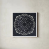 Night Sky Zodiac by Sara Zieve Miller. Shown in a crisp white glass frame for a clean and minimalist style. Available as an archival giclee rolled canvas, fine art paper, or poster print. SKU 21256a.