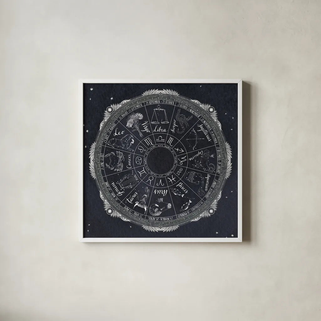 Night Sky Zodiac by Sara Zieve Miller. Shown in a crisp white glass frame for a clean and minimalist style. Available as an archival giclee rolled canvas, fine art paper, or poster print. SKU 21256a.