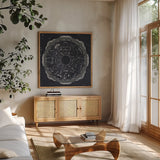Night Sky Zodiac by Sara Zieve Miller. Shown in a natural wood frame in a cozy modern living room. Available as an archival giclee rolled canvas, fine art paper, or poster print. SKU 21256a.