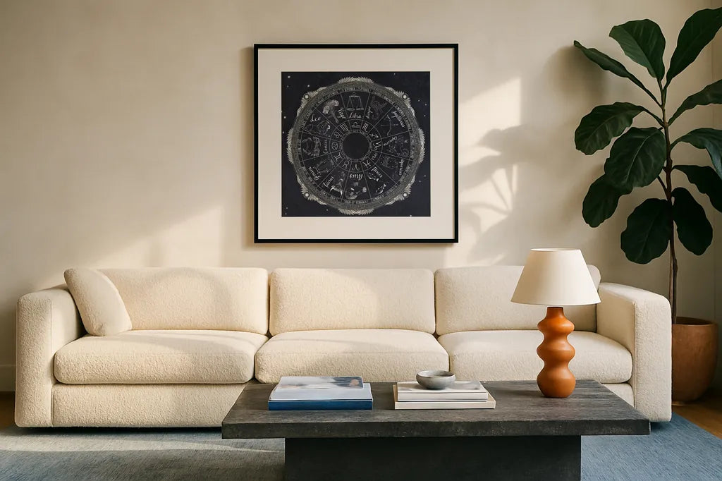 Night Sky Zodiac by Sara Zieve Miller. Displayed in a glass frame with matte in a clean modern living room. Available as an archival giclee rolled canvas, fine art paper, or poster print. SKU 21256a.