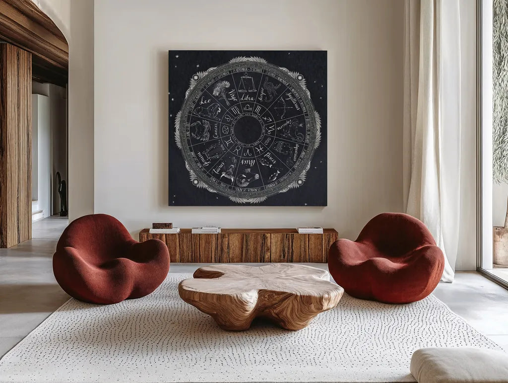 Night Sky Zodiac by Sara Zieve Miller. Shown as extra-large giant wall art in a modern living room. Available as an archival giclee rolled canvas, fine art paper, or poster print. SKU 21256a.