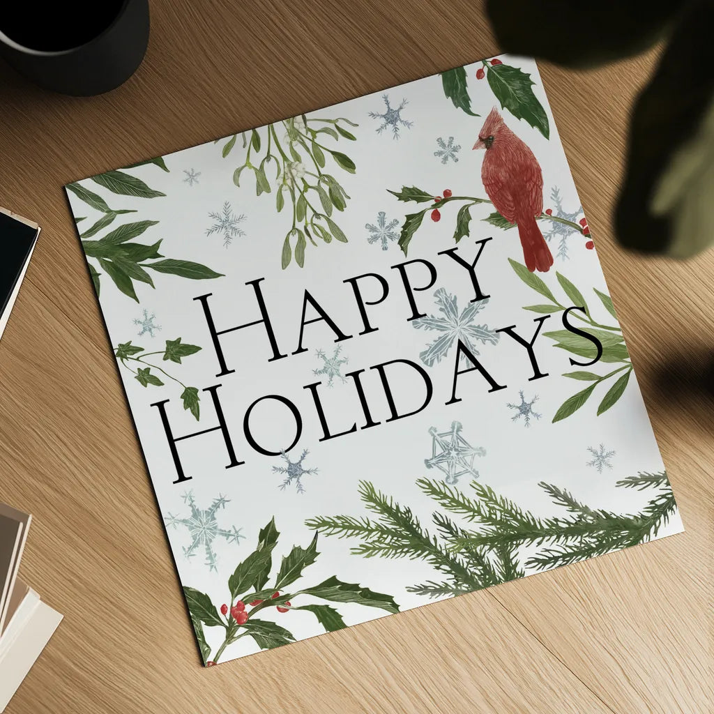 Peace and Joy cardinal III by Sara Zieve Miller. Shown as a detailed flat fine art print, highlighting archival giclee quality. Available as an archival giclee rolled canvas, fine art paper, or poster print. SKU 43974a.