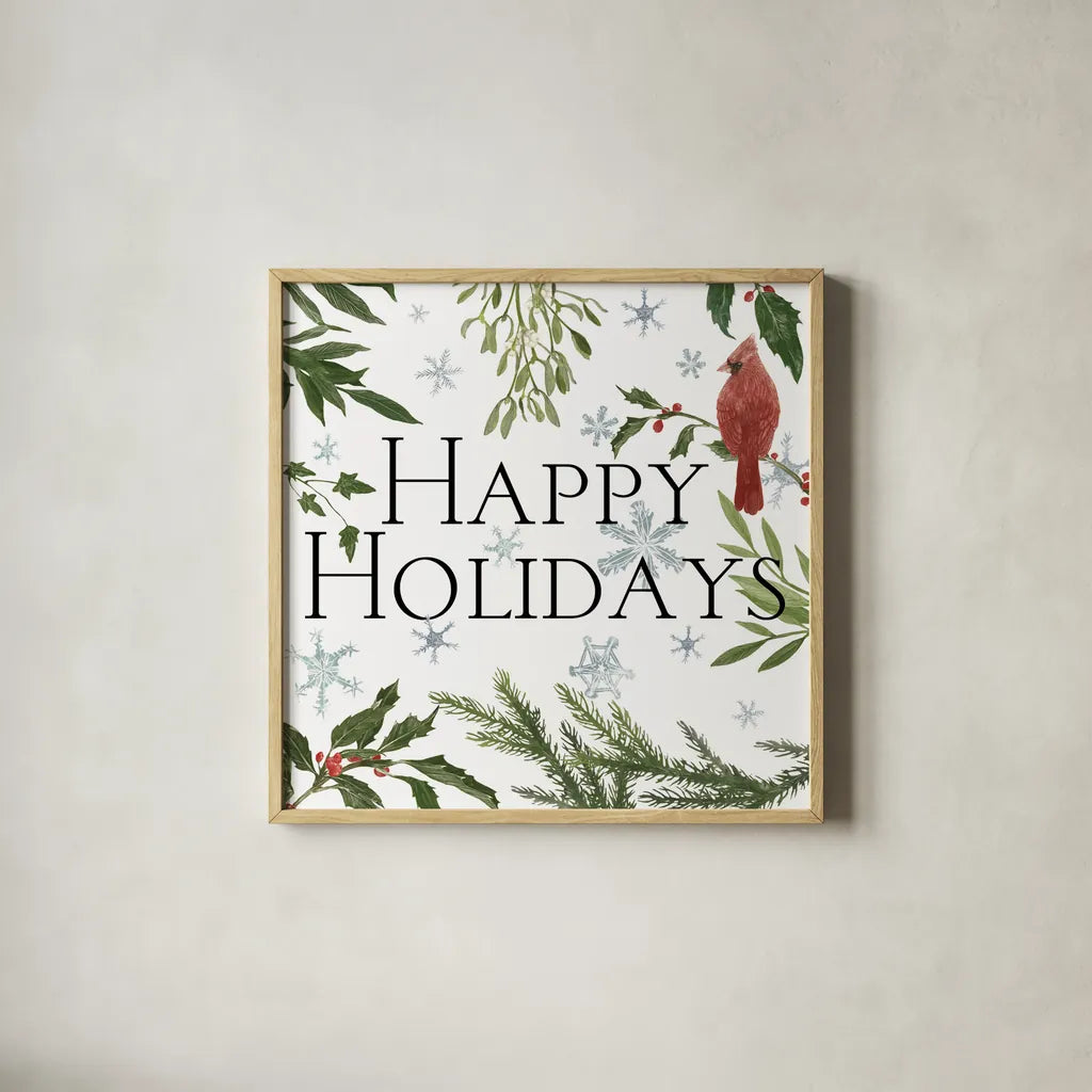 Peace and Joy cardinal III by Sara Zieve Miller. Shown in a natural wood glass frame for a timeless modern aesthetic. Available as an archival giclee rolled canvas, fine art paper, or poster print. SKU 43974a.