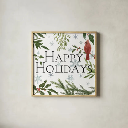 Peace and Joy cardinal III by Sara Zieve Miller. Shown in a natural wood glass frame for a timeless modern aesthetic. Available as an archival giclee rolled canvas, fine art paper, or poster print. SKU 43974a.