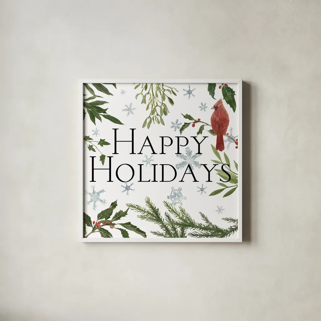 Peace and Joy cardinal III by Sara Zieve Miller. Shown in a crisp white glass frame for a clean and minimalist style. Available as an archival giclee rolled canvas, fine art paper, or poster print. SKU 43974a.