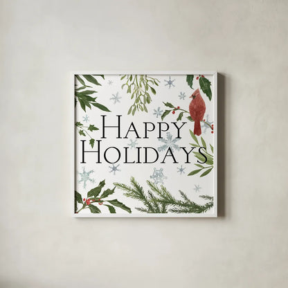 Peace and Joy cardinal III by Sara Zieve Miller. Shown in a crisp white glass frame for a clean and minimalist style. Available as an archival giclee rolled canvas, fine art paper, or poster print. SKU 43974a.