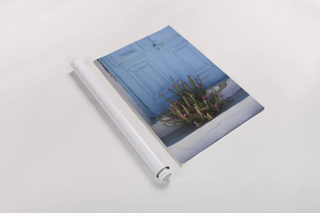 Santorini I by Sara Zieve Miller. shown as a rolled paper print. Available as archival giclee rolled canvas, fine art paper, or poster print. SKU 32111h.