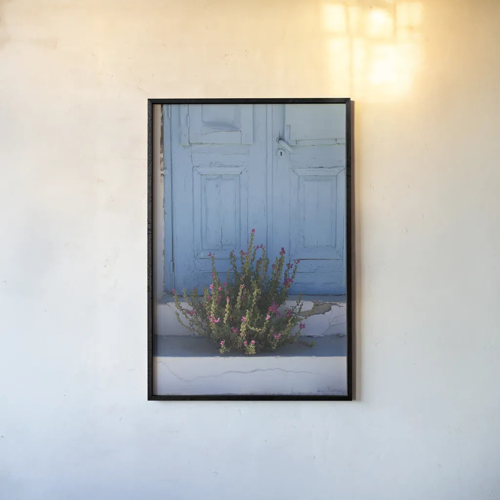 Santorini I by Sara Zieve Miller. shown as a paper print in a black flame. Available as a archival giclee rolled canvas, fine art paper, or poster print. SKU 32111h.