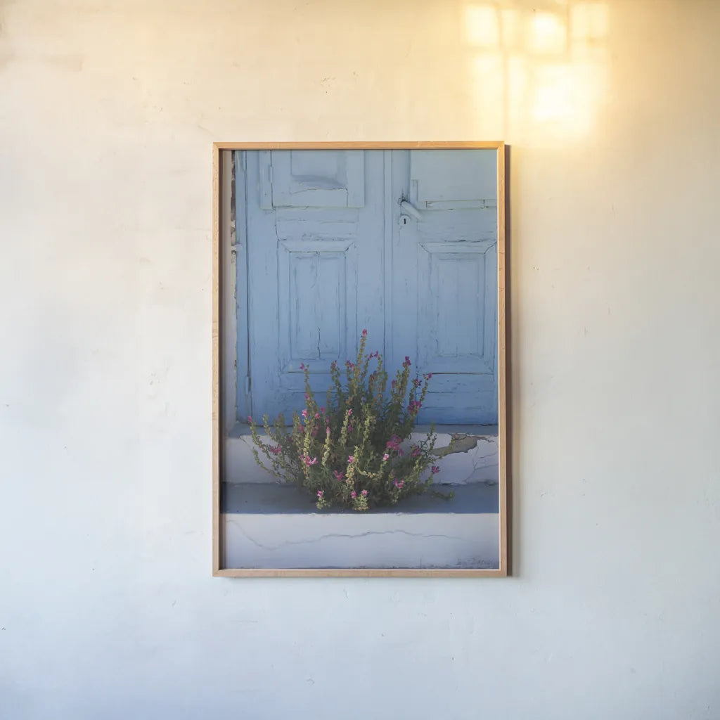 Santorini I by Sara Zieve Miller. shown as a paper print in a natural frame. Available as a archival giclee rolled canvas, fine art paper, or poster print. SKU 32111h.