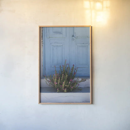 Santorini I by Sara Zieve Miller. shown as a paper print in a natural frame. Available as a archival giclee rolled canvas, fine art paper, or poster print. SKU 32111h.