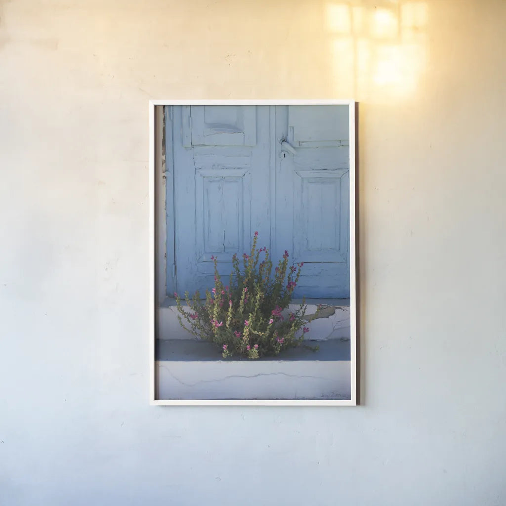 Santorini I by Sara Zieve Miller. shown as a paper print in a white frame. Available as a archival giclee rolled canvas, fine art paper, or poster print. SKU 32111h.