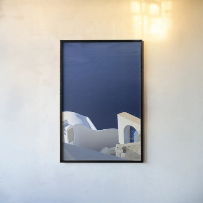 Santorini II by Sara Zieve Miller. shown as a paper print in a black flame. Available as a archival giclee rolled canvas, fine art paper, or poster print. SKU 32112h.