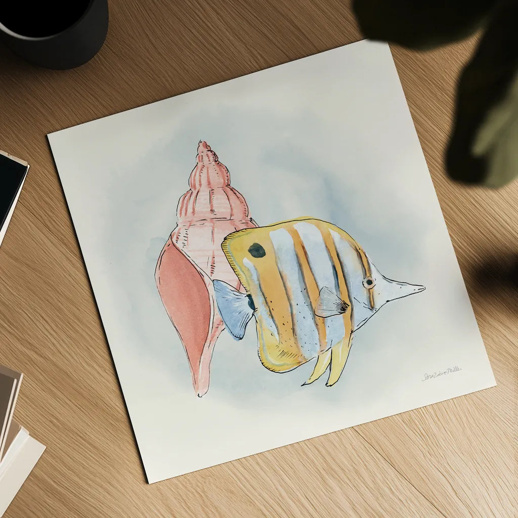 Sea Life I by Sara Zieve Miller. Shown as a detailed flat fine art print, highlighting archival giclee quality. Available as an archival giclee rolled canvas, fine art paper, or poster print. SKU 37039a.