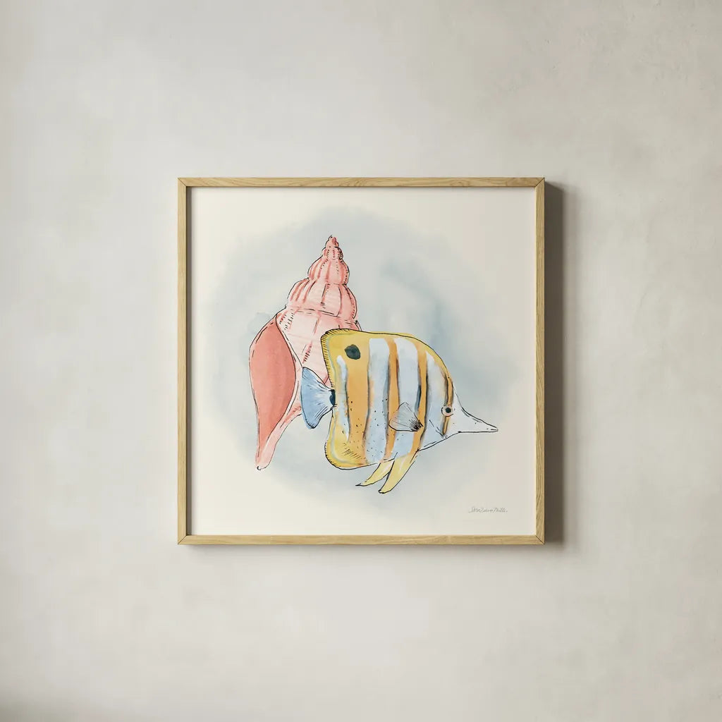 Sea Life I by Sara Zieve Miller. Shown in a natural wood glass frame for a timeless modern aesthetic. Available as an archival giclee rolled canvas, fine art paper, or poster print. SKU 37039a.