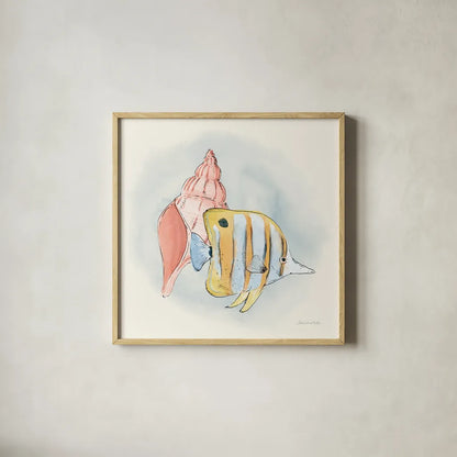 Sea Life I by Sara Zieve Miller. Shown in a natural wood glass frame for a timeless modern aesthetic. Available as an archival giclee rolled canvas, fine art paper, or poster print. SKU 37039a.