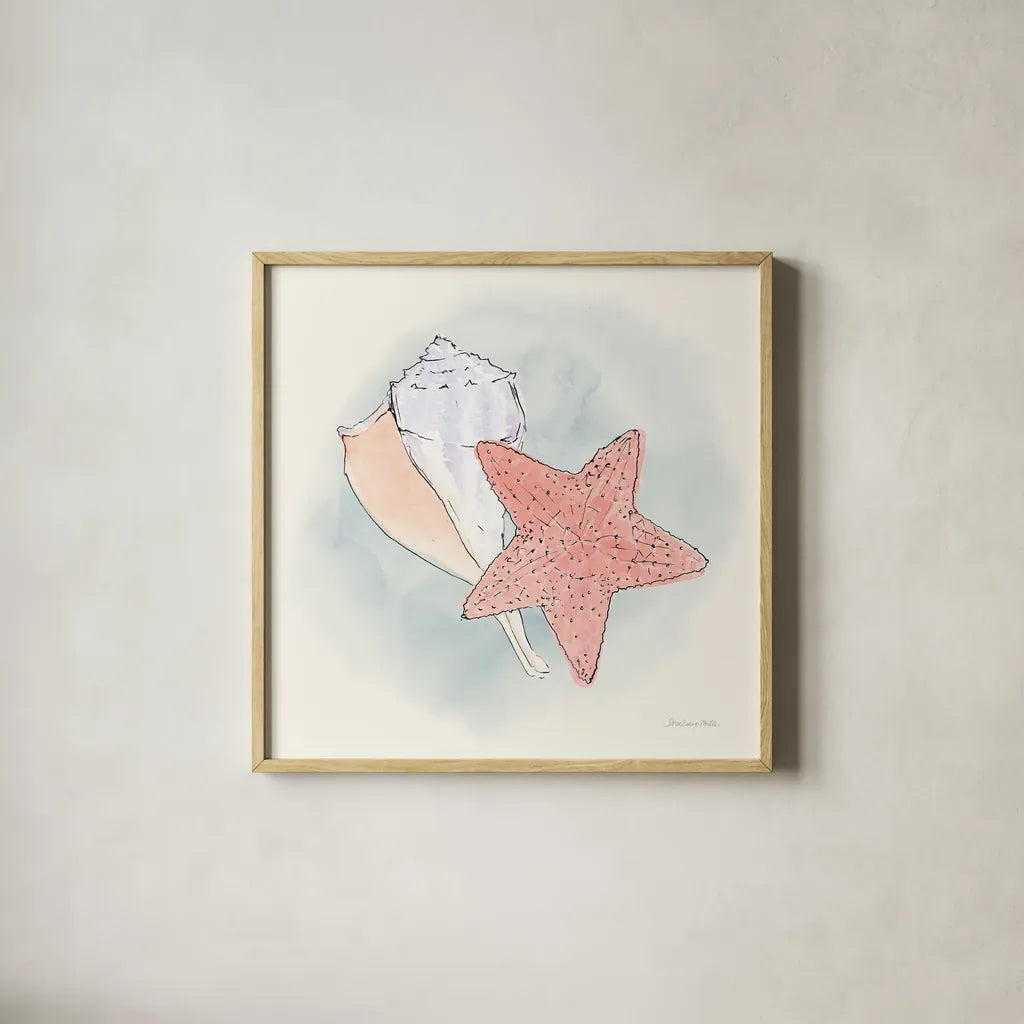 Sea Life II by Sara Zieve Miller. Shown in a natural wood glass frame for a timeless modern aesthetic. Available as an archival giclee rolled canvas, fine art paper, or poster print. SKU 37040a.