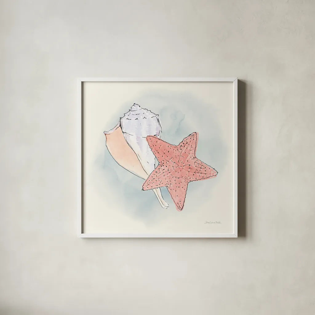 Sea Life II by Sara Zieve Miller. Shown in a crisp white glass frame for a clean and minimalist style. Available as an archival giclee rolled canvas, fine art paper, or poster print. SKU 37040a.
