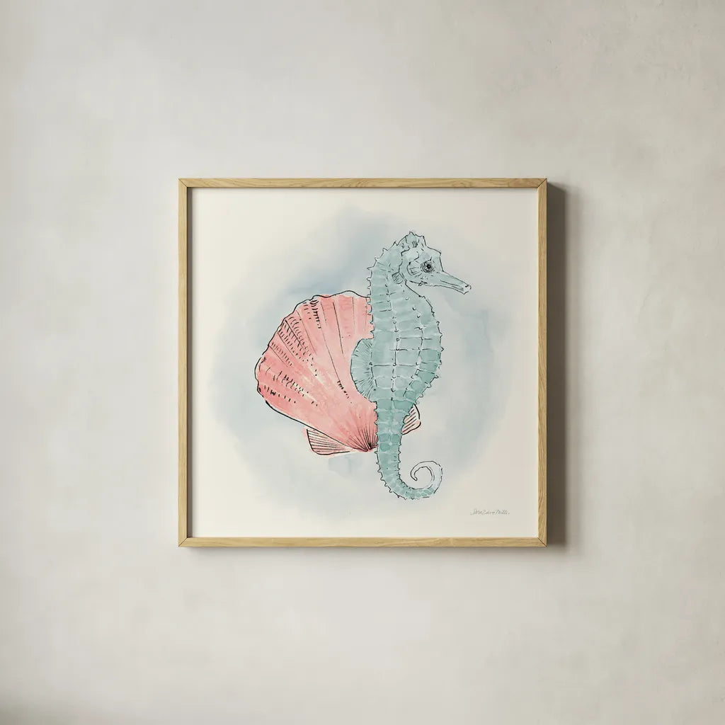Sea Life III by Sara Zieve Miller. Shown in a natural wood glass frame for a timeless modern aesthetic. Available as an archival giclee rolled canvas, fine art paper, or poster print. SKU 37041a.
