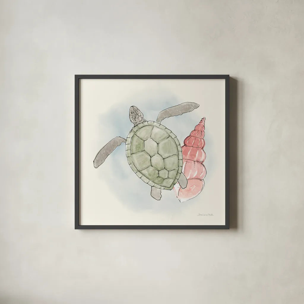 Sea Life IV by Sara Zieve Miller. Shown in a sleek black glass frame for a contemporary gallery look. Available as an archival giclee rolled canvas, fine art paper, or poster print. SKU 37042a.