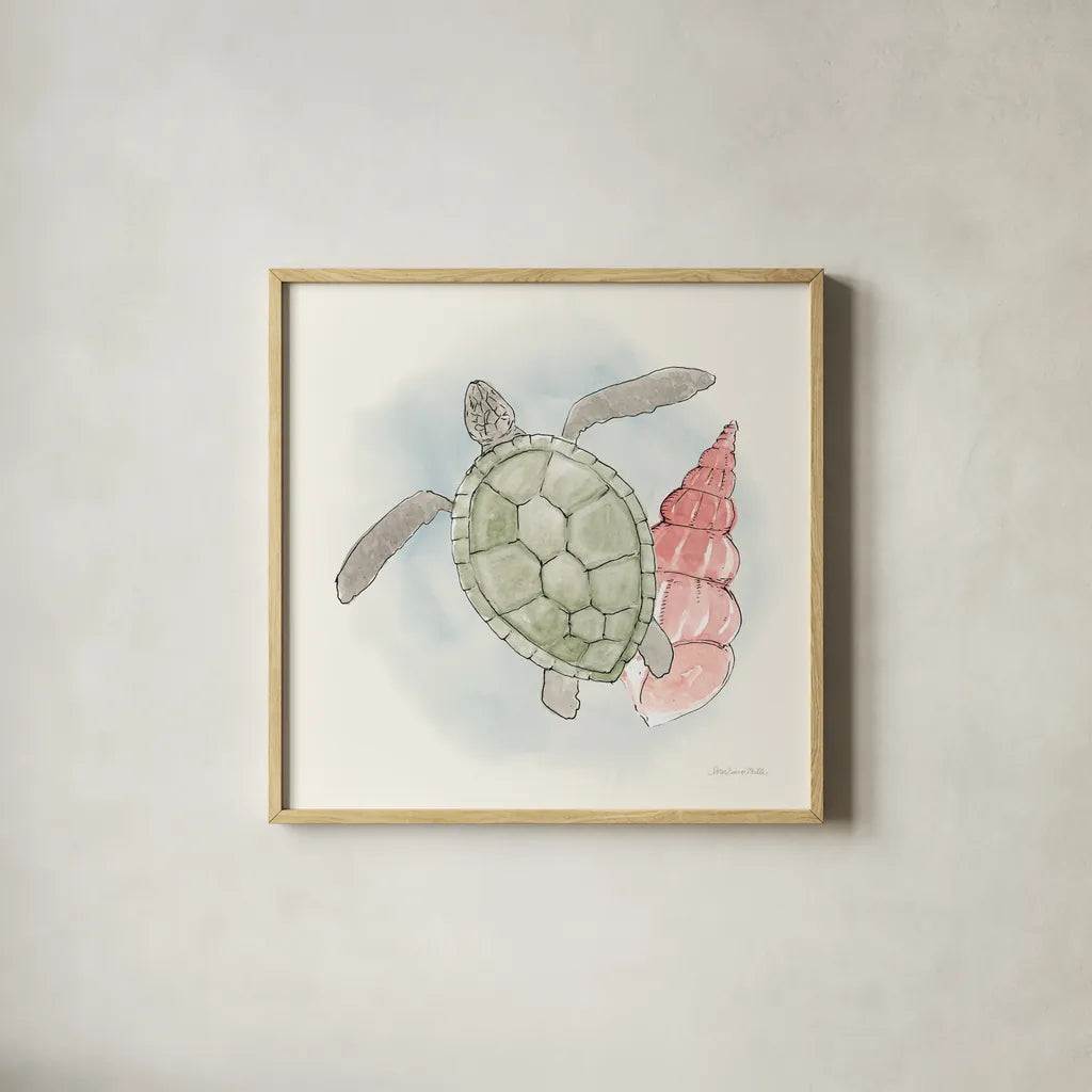 Sea Life IV by Sara Zieve Miller. Shown in a natural wood glass frame for a timeless modern aesthetic. Available as an archival giclee rolled canvas, fine art paper, or poster print. SKU 37042a.