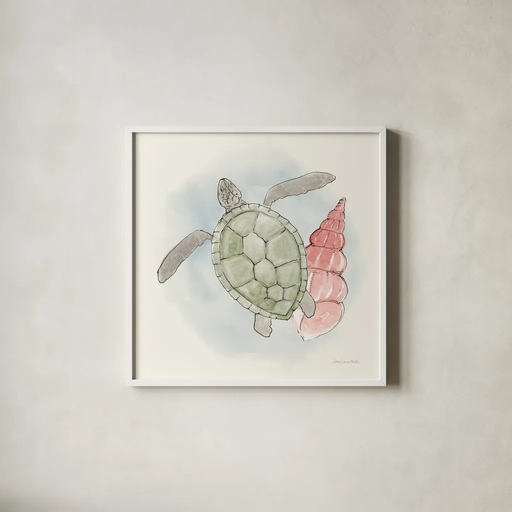 Sea Life IV by Sara Zieve Miller. Shown in a crisp white glass frame for a clean and minimalist style. Available as an archival giclee rolled canvas, fine art paper, or poster print. SKU 37042a.
