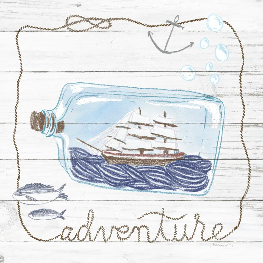 Ship in a Bottle Adventure Shiplap by Sara Zieve Miller. SKU 38809a. Archival Giclee Fine art print for wall decor.