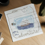Ship in a Bottle Adventure Shiplap by Sara Zieve Miller. Shown as a detailed flat fine art print, highlighting archival giclee quality. Available as an archival giclee rolled canvas, fine art paper, or poster print. SKU 38809a.