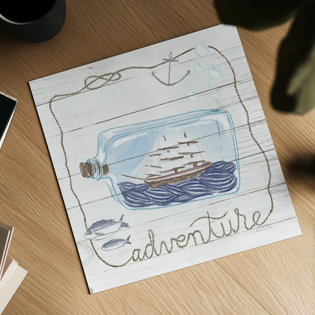 Ship in a Bottle Adventure Shiplap by Sara Zieve Miller. Shown as a detailed flat fine art print, highlighting archival giclee quality. Available as an archival giclee rolled canvas, fine art paper, or poster print. SKU 38809a.