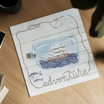 Ship in a Bottle Adventure Shiplap by Sara Zieve Miller. Shown as a detailed flat fine art print, highlighting archival giclee quality. Available as an archival giclee rolled canvas, fine art paper, or poster print. SKU 38809a.
