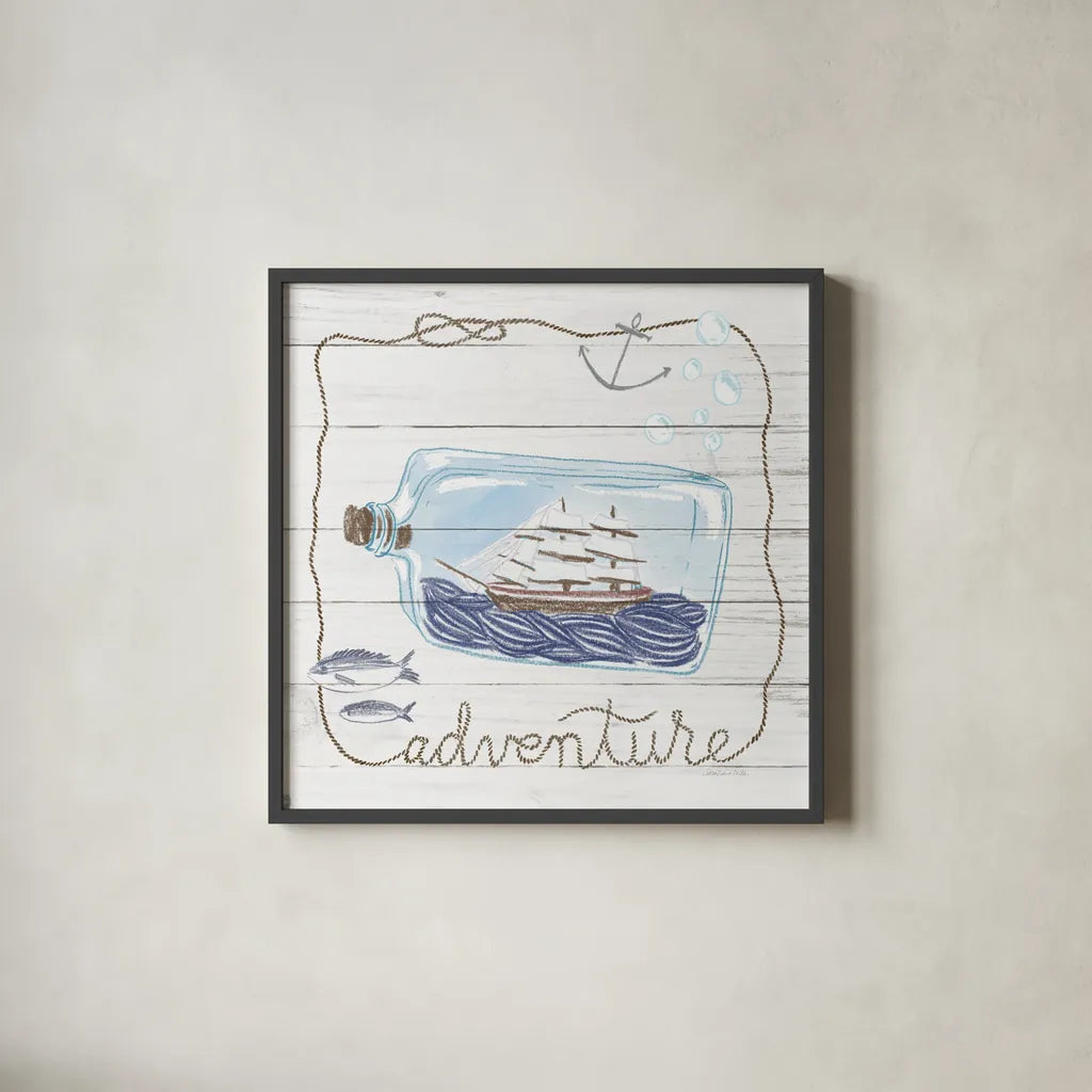Ship in a Bottle Adventure Shiplap by Sara Zieve Miller. Shown in a sleek black glass frame for a contemporary gallery look. Available as an archival giclee rolled canvas, fine art paper, or poster print. SKU 38809a.