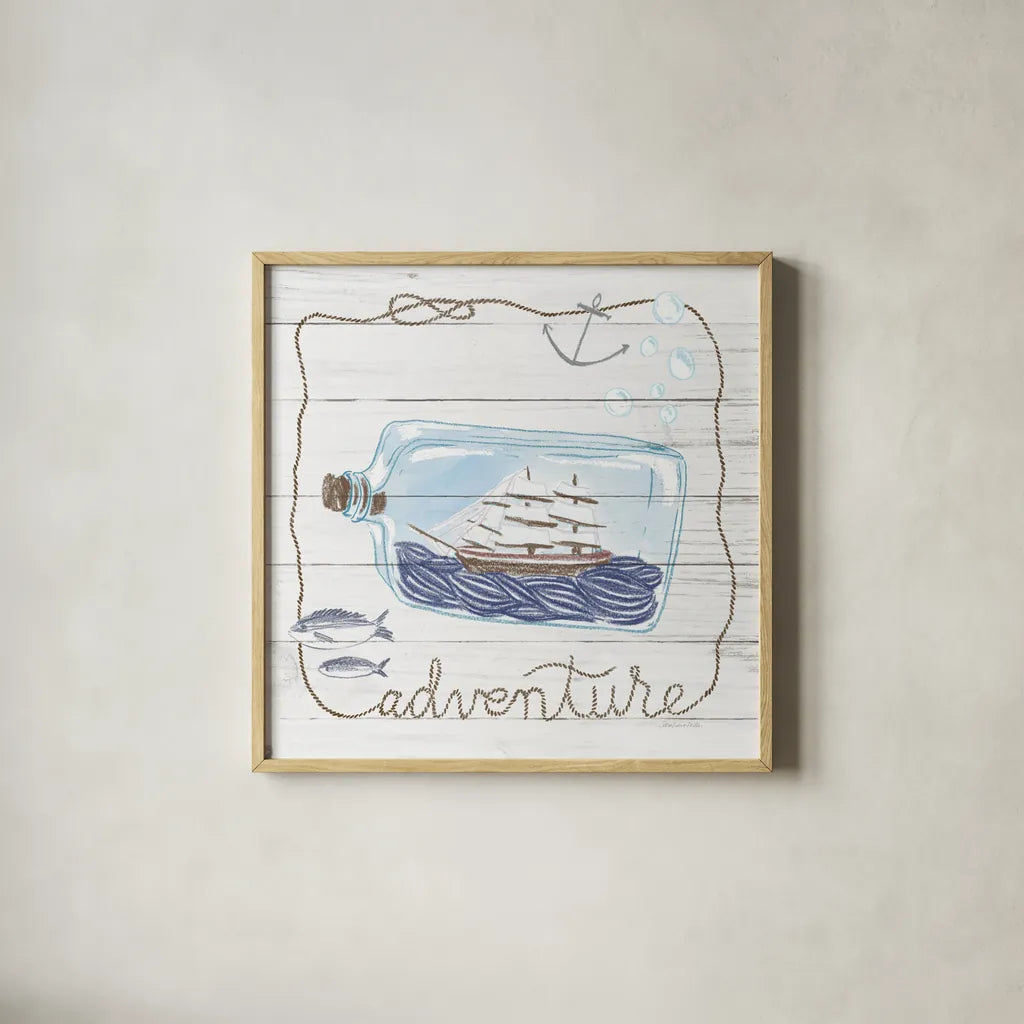 Ship in a Bottle Adventure Shiplap by Sara Zieve Miller. Shown in a natural wood glass frame for a timeless modern aesthetic. Available as an archival giclee rolled canvas, fine art paper, or poster print. SKU 38809a.