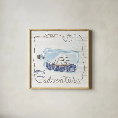 Ship in a Bottle Adventure Shiplap by Sara Zieve Miller. Shown in a natural wood glass frame for a timeless modern aesthetic. Available as an archival giclee rolled canvas, fine art paper, or poster print. SKU 38809a.