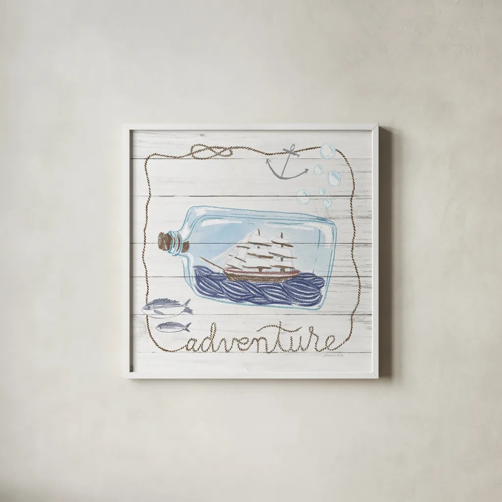 Ship in a Bottle Adventure Shiplap by Sara Zieve Miller. Shown in a crisp white glass frame for a clean and minimalist style. Available as an archival giclee rolled canvas, fine art paper, or poster print. SKU 38809a.