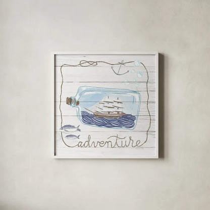 Ship in a Bottle Adventure Shiplap by Sara Zieve Miller. Shown in a crisp white glass frame for a clean and minimalist style. Available as an archival giclee rolled canvas, fine art paper, or poster print. SKU 38809a.