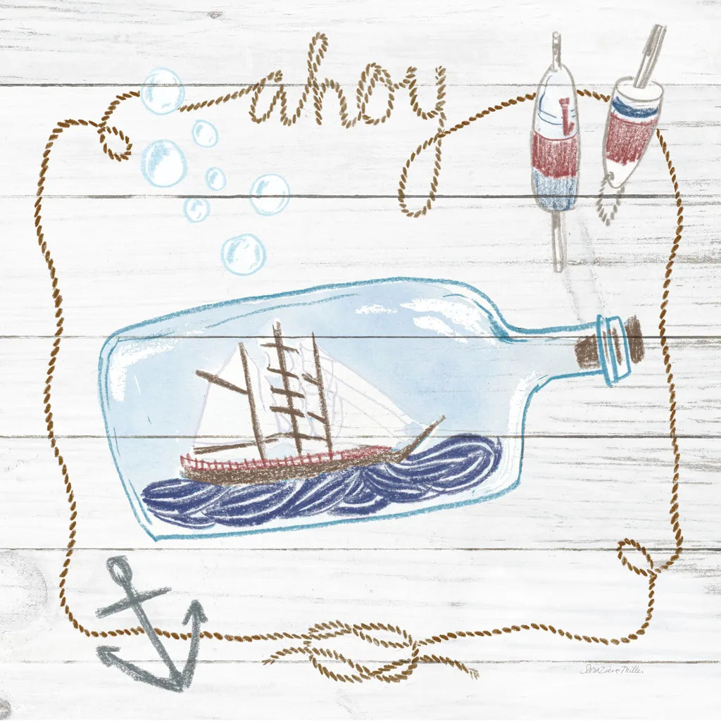 Ship in a Bottle Ahoy Shiplap by Sara Zieve Miller. SKU 38810a. Archival Giclee Fine art print for wall decor.