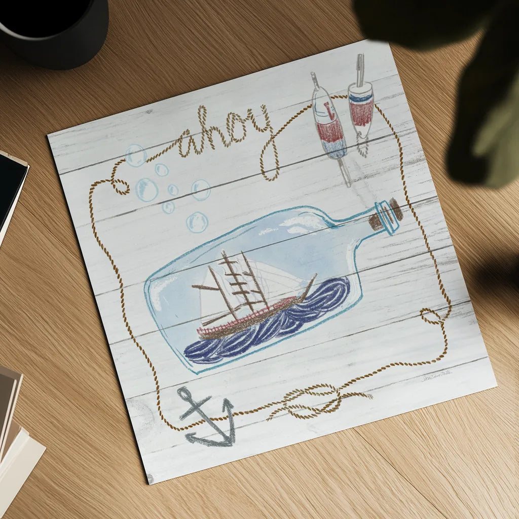 Ship in a Bottle Ahoy Shiplap by Sara Zieve Miller. Shown as a detailed flat fine art print, highlighting archival giclee quality. Available as an archival giclee rolled canvas, fine art paper, or poster print. SKU 38810a.