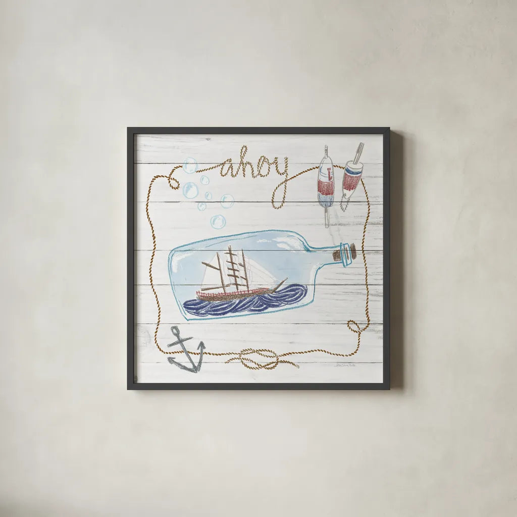 Ship in a Bottle Ahoy Shiplap by Sara Zieve Miller. Shown in a sleek black glass frame for a contemporary gallery look. Available as an archival giclee rolled canvas, fine art paper, or poster print. SKU 38810a.