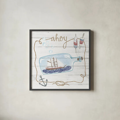 Ship in a Bottle Ahoy Shiplap by Sara Zieve Miller. Shown in a sleek black glass frame for a contemporary gallery look. Available as an archival giclee rolled canvas, fine art paper, or poster print. SKU 38810a.