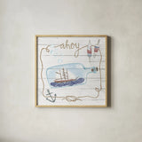 Ship in a Bottle Ahoy Shiplap by Sara Zieve Miller. Shown in a natural wood glass frame for a timeless modern aesthetic. Available as an archival giclee rolled canvas, fine art paper, or poster print. SKU 38810a.