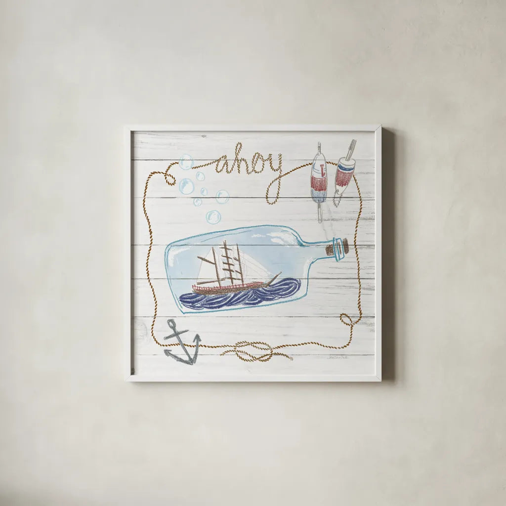 Ship in a Bottle Ahoy Shiplap by Sara Zieve Miller. Shown in a crisp white glass frame for a clean and minimalist style. Available as an archival giclee rolled canvas, fine art paper, or poster print. SKU 38810a.