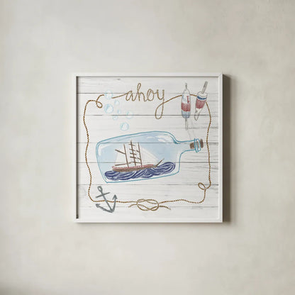 Ship in a Bottle Ahoy Shiplap by Sara Zieve Miller. Shown in a crisp white glass frame for a clean and minimalist style. Available as an archival giclee rolled canvas, fine art paper, or poster print. SKU 38810a.