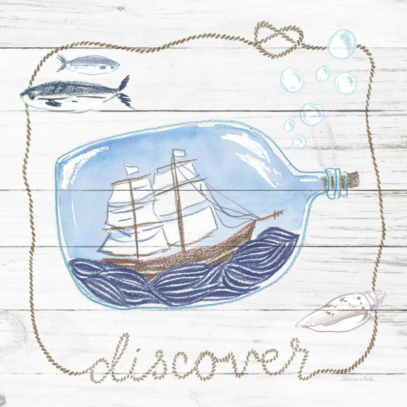 Ship in a Bottle Discover Shiplap by Sara Zieve Miller. SKU 38811a. Archival Giclee Fine art print for wall decor.
