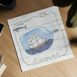 Ship in a Bottle Discover Shiplap by Sara Zieve Miller. Shown as a detailed flat fine art print, highlighting archival giclee quality. Available as an archival giclee rolled canvas, fine art paper, or poster print. SKU 38811a.