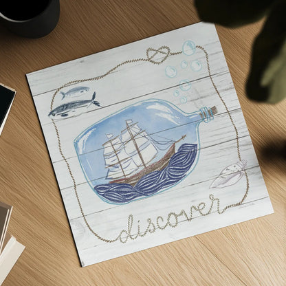 Ship in a Bottle Discover Shiplap by Sara Zieve Miller. Shown as a detailed flat fine art print, highlighting archival giclee quality. Available as an archival giclee rolled canvas, fine art paper, or poster print. SKU 38811a.