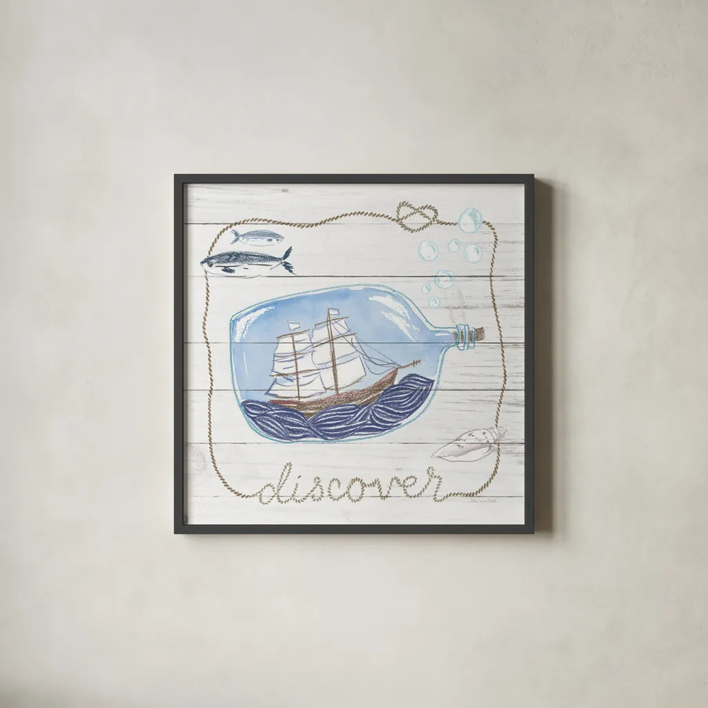 Ship in a Bottle Discover Shiplap by Sara Zieve Miller. Shown in a sleek black glass frame for a contemporary gallery look. Available as an archival giclee rolled canvas, fine art paper, or poster print. SKU 38811a.
