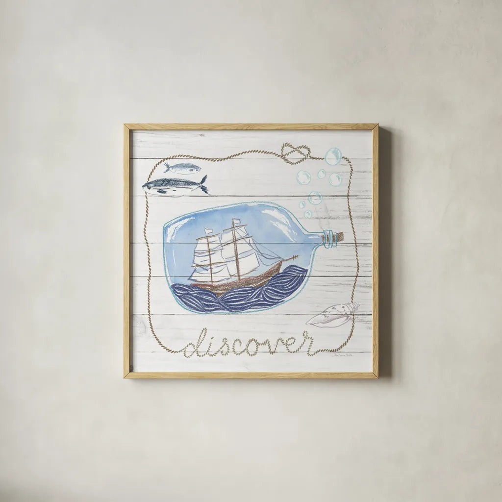 Ship in a Bottle Discover Shiplap by Sara Zieve Miller. Shown in a natural wood glass frame for a timeless modern aesthetic. Available as an archival giclee rolled canvas, fine art paper, or poster print. SKU 38811a.