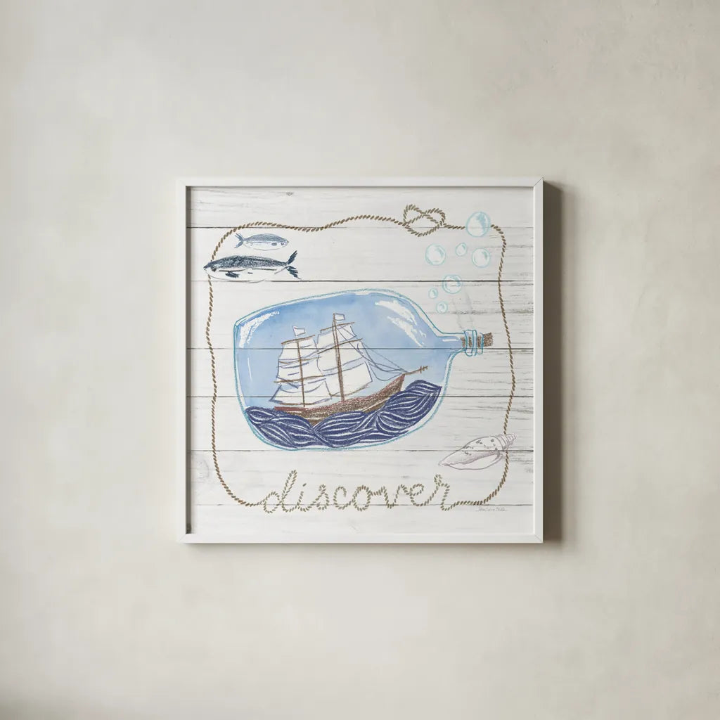 Ship in a Bottle Discover Shiplap by Sara Zieve Miller. Shown in a crisp white glass frame for a clean and minimalist style. Available as an archival giclee rolled canvas, fine art paper, or poster print. SKU 38811a.