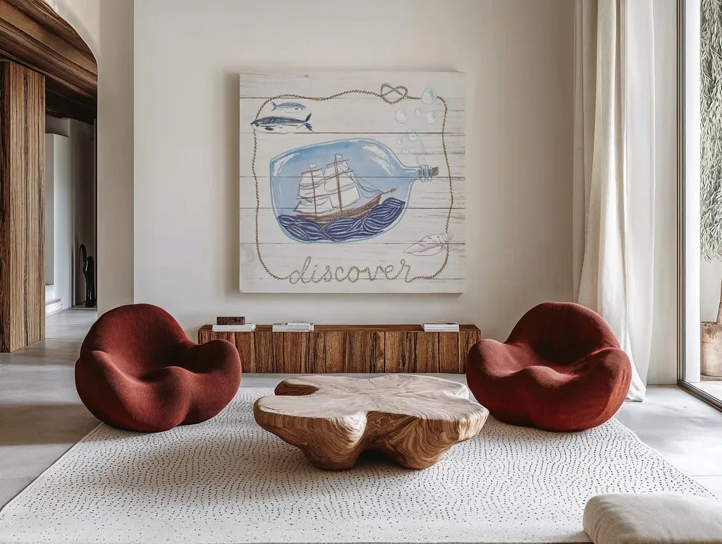 Ship in a Bottle Discover Shiplap by Sara Zieve Miller. Shown as extra-large giant wall art in a modern living room. Available as an archival giclee rolled canvas, fine art paper, or poster print. SKU 38811a.